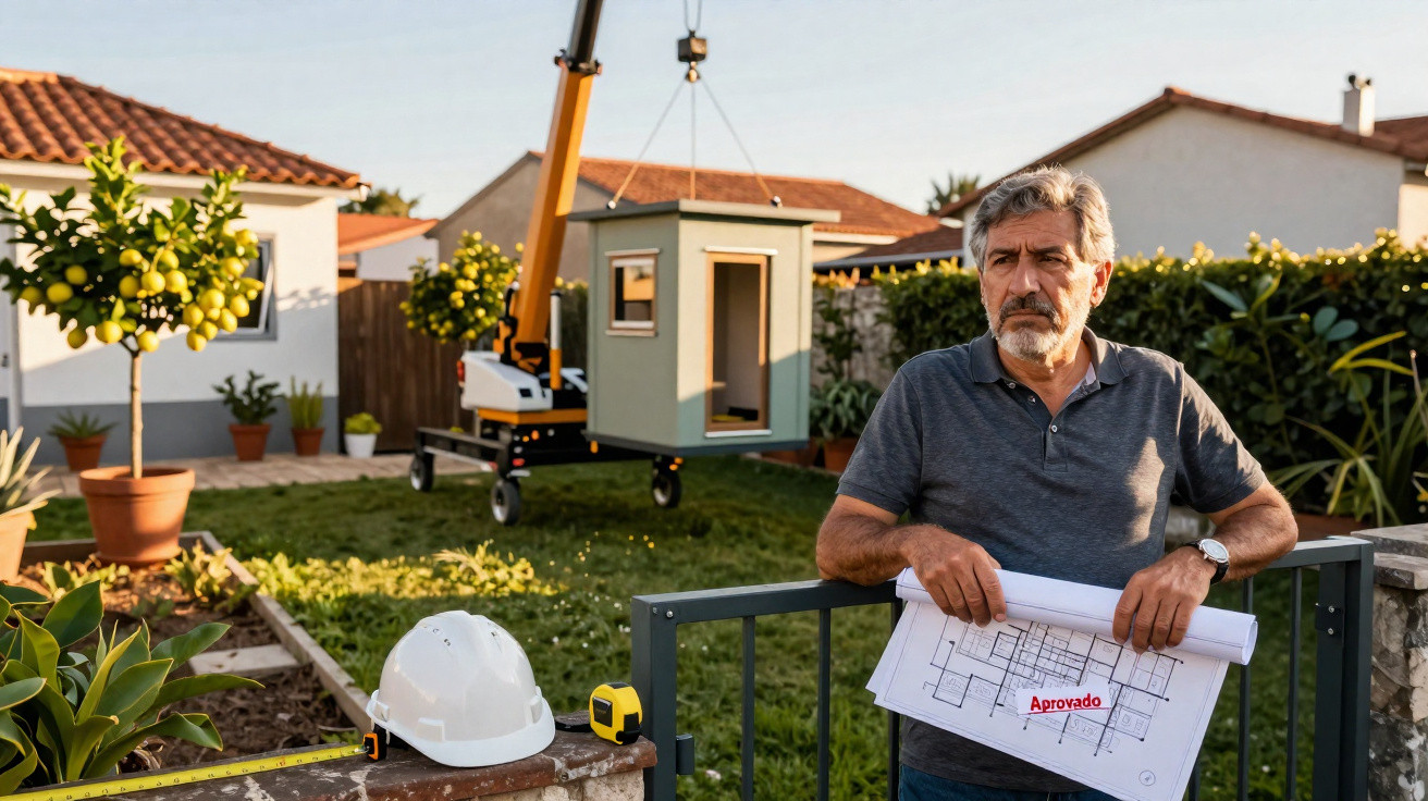 Älterer Mann hält Baupläne, während ein Modulhaus mit Kran in einem Garten montiert wird.