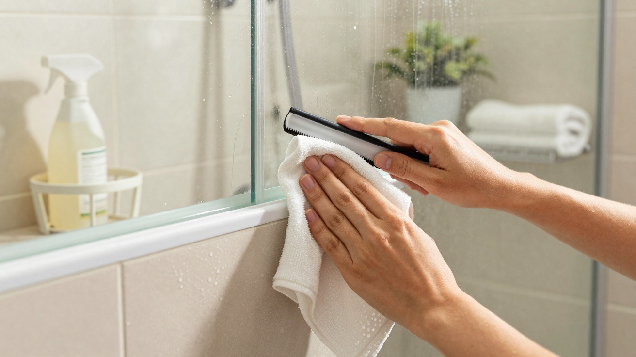 Hände reinigen Duschwand mit Abzieher und weißem Mikrofasertuch im Badezimmer.