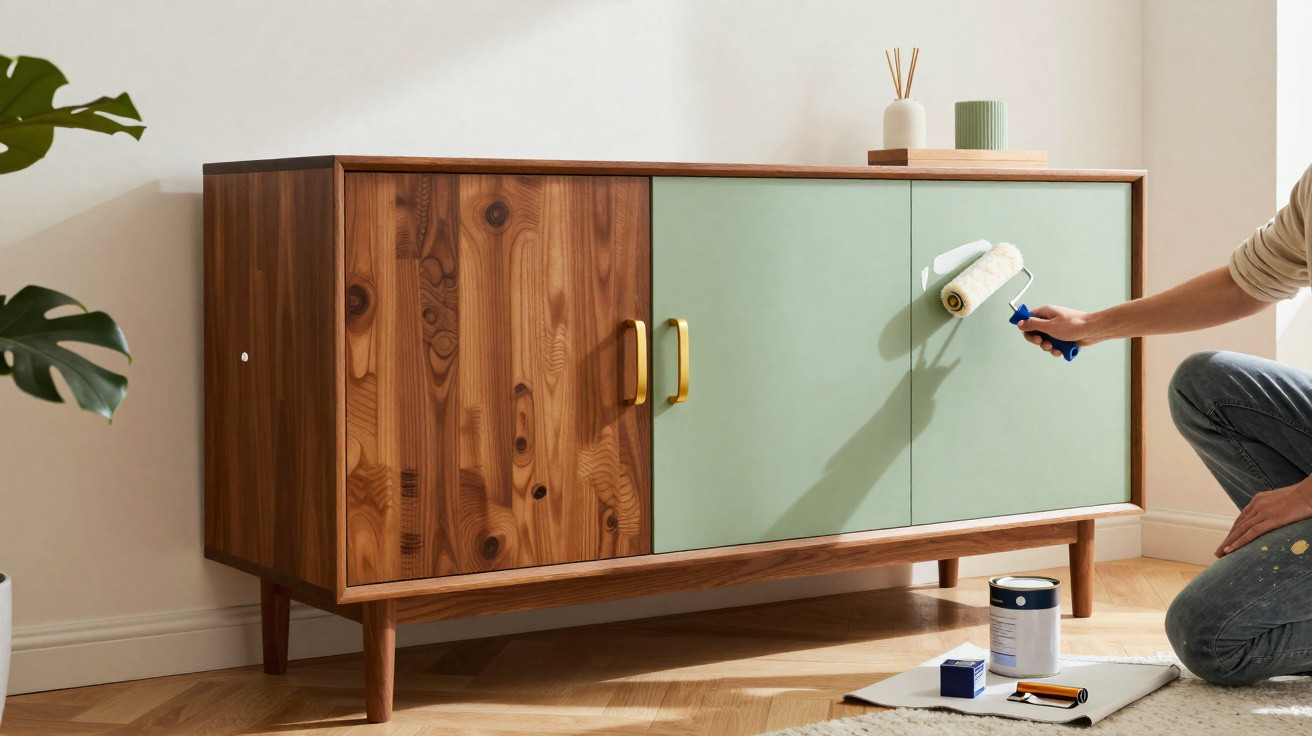 Person streicht eine Holzkommode mit grüner Farbe in modern eingerichtetem Wohnzimmer.