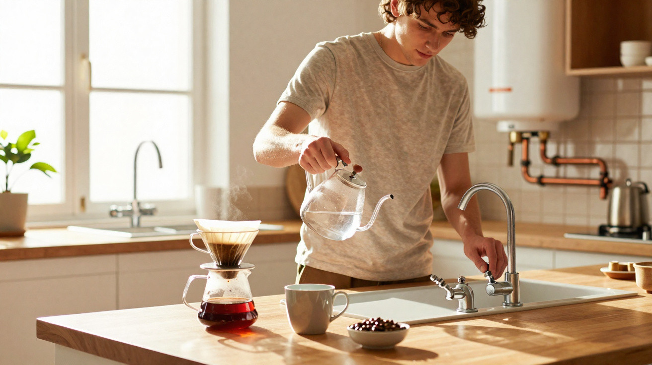 Junger Mann in Küche gießt heißes Wasser in Kaffeemaschine zum Aufbrühen von Filterkaffee am Holztresen.