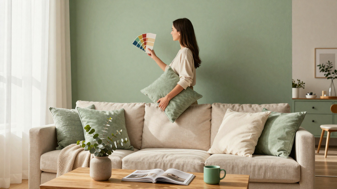 Frau mit Kissen und Farbfächer steht vor hellgrüner Wand in modernem Wohnzimmer mit Sofa und Holztisch.