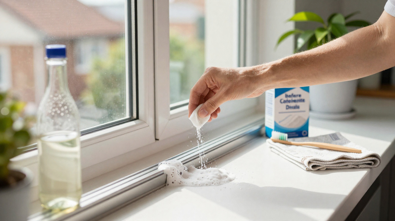 Hand streut Reinigungspulver auf schmutzige Fensterbank neben Zahnbürste, Handtuch und Pflanze.