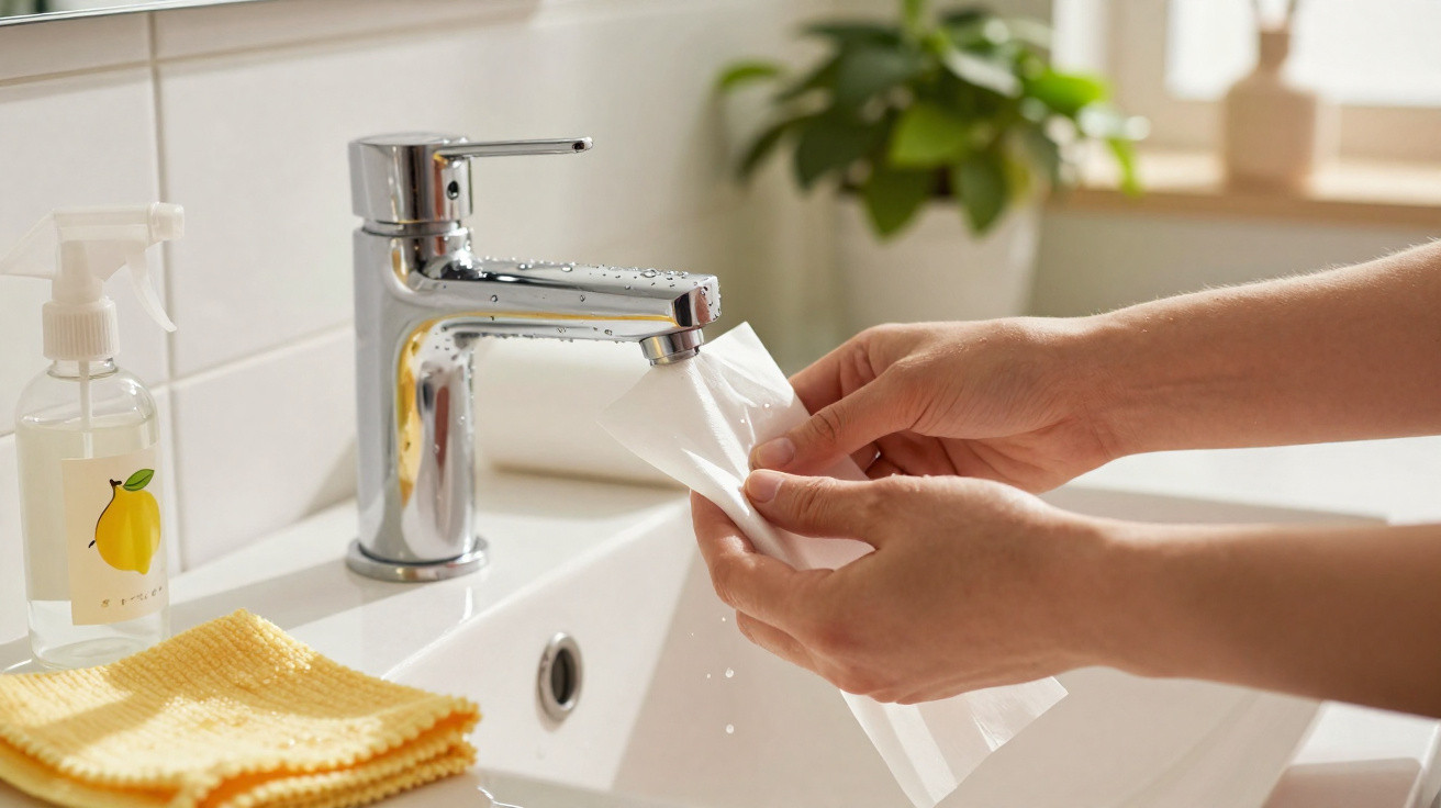 Hände waschen ein Feuchttuch über einem Silberwasserhahn in einem weißen Waschbecken mit gelbem Handtuch.