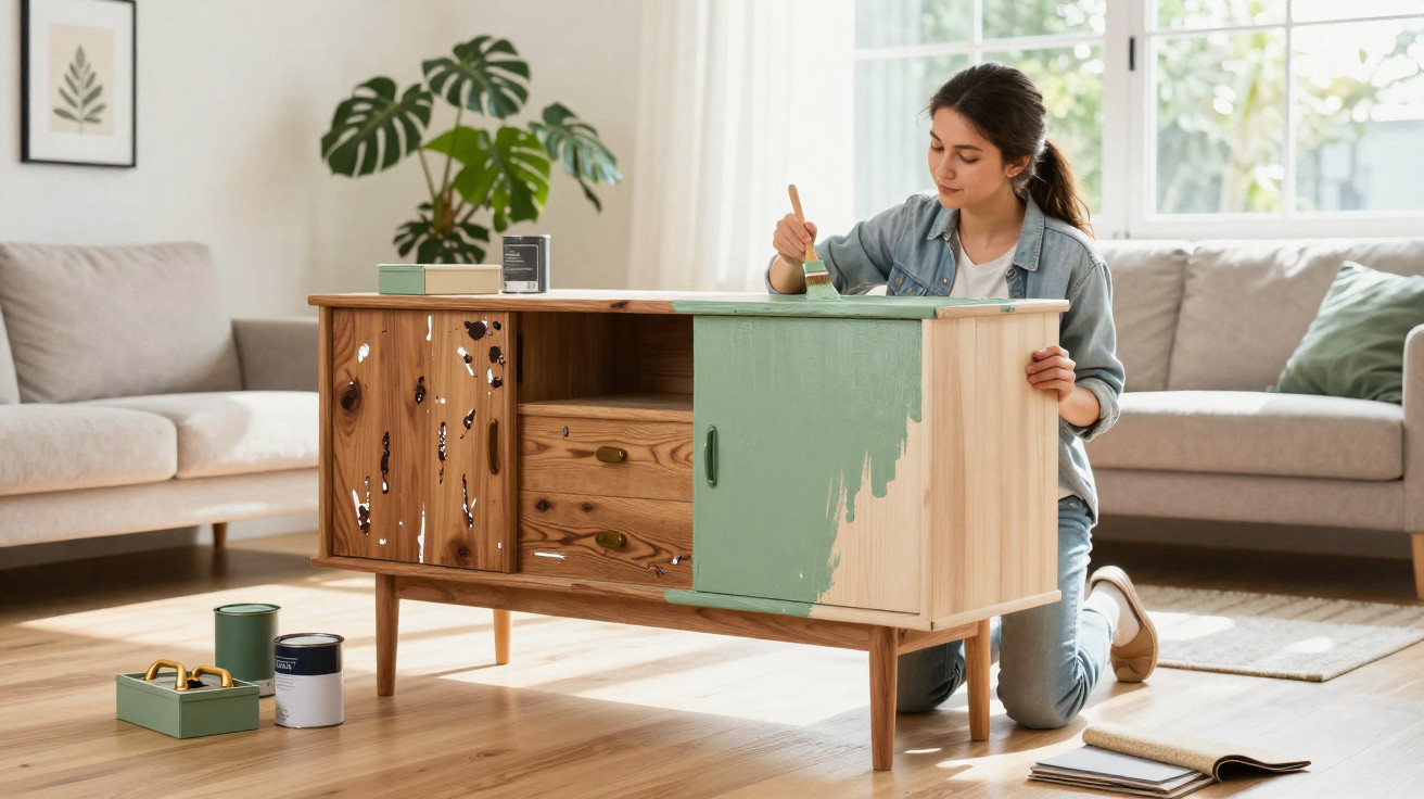 Frau lackiert ein Sideboard im Wohnzimmer mit grüner Farbe auf hellem Holzboden.