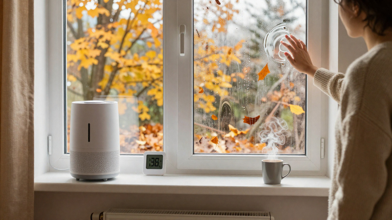 Frau reinigt im Herbst ein Fenster mit nassen Blättern, Luftbefeuchter und dampfende Tasse auf der Fensterbank.