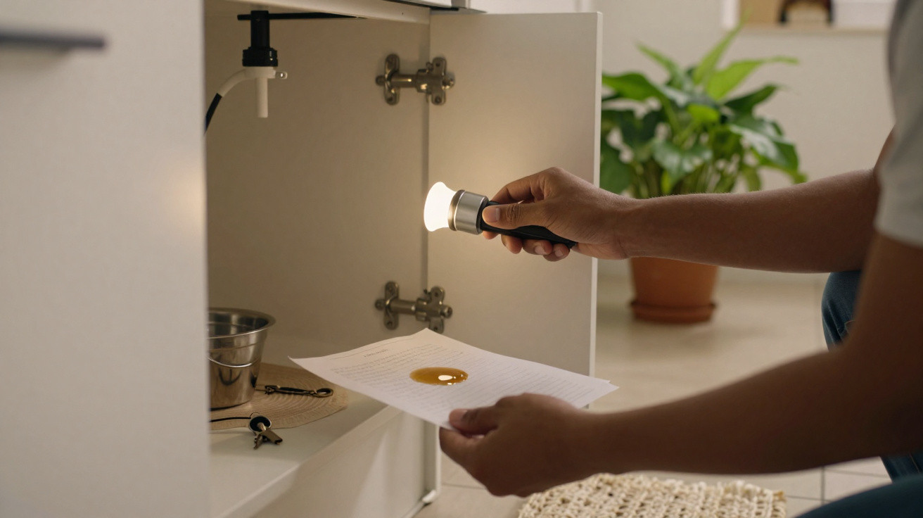Person hält Taschenlampe und Papier mit klebrigem Fleck vor offenem Schrank zur Untersuchung in hellem Raum.