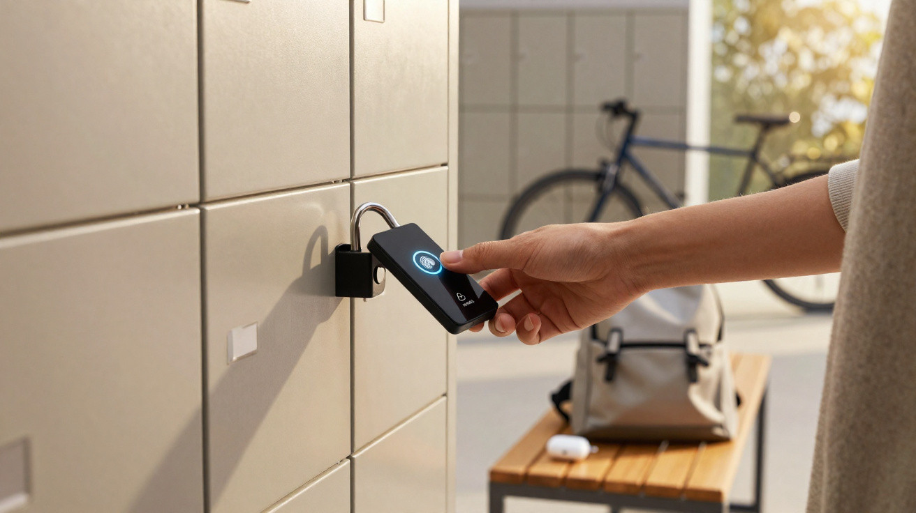 Hand hält Smartphone zum Öffnen eines Schließfachs mit digitalem Schloss an einem Schließfachschrank.