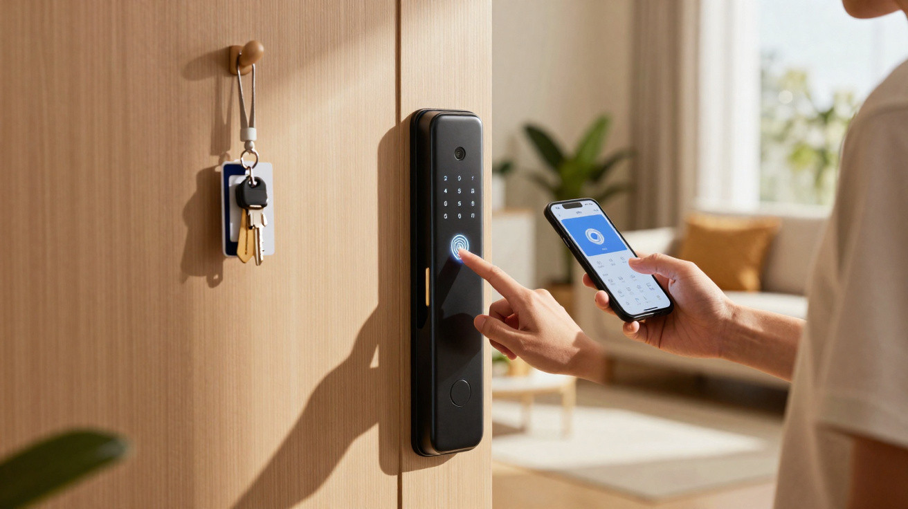 Person entsperrt intelligentes Türschloss mit Fingerabdruckscanner und Smartphone in modernem Wohnzimmer.