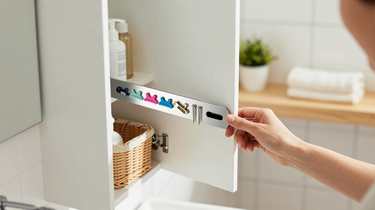 Person zieht Organizer mit Haarklemmen und Haarnadeln aus Badezimmerschrank im weißen Badezimmer.