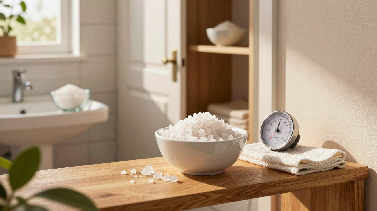 Schale mit Badesalz und Thermometer auf einem Holzregal in einem hellen Badezimmer mit Waschbecken.