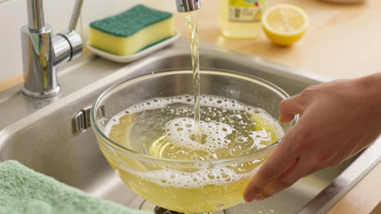 Hand spült eine transparente Schüssel mit warmem Seifenwasser am Küchenwaschbecken, Zitrone und Schwamm sichtbar.