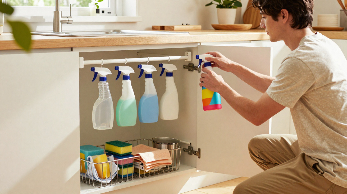 Person organisiert verschiedene Sprühflaschen und Putzutensilien in einem Küchenschrank unter der Spüle.