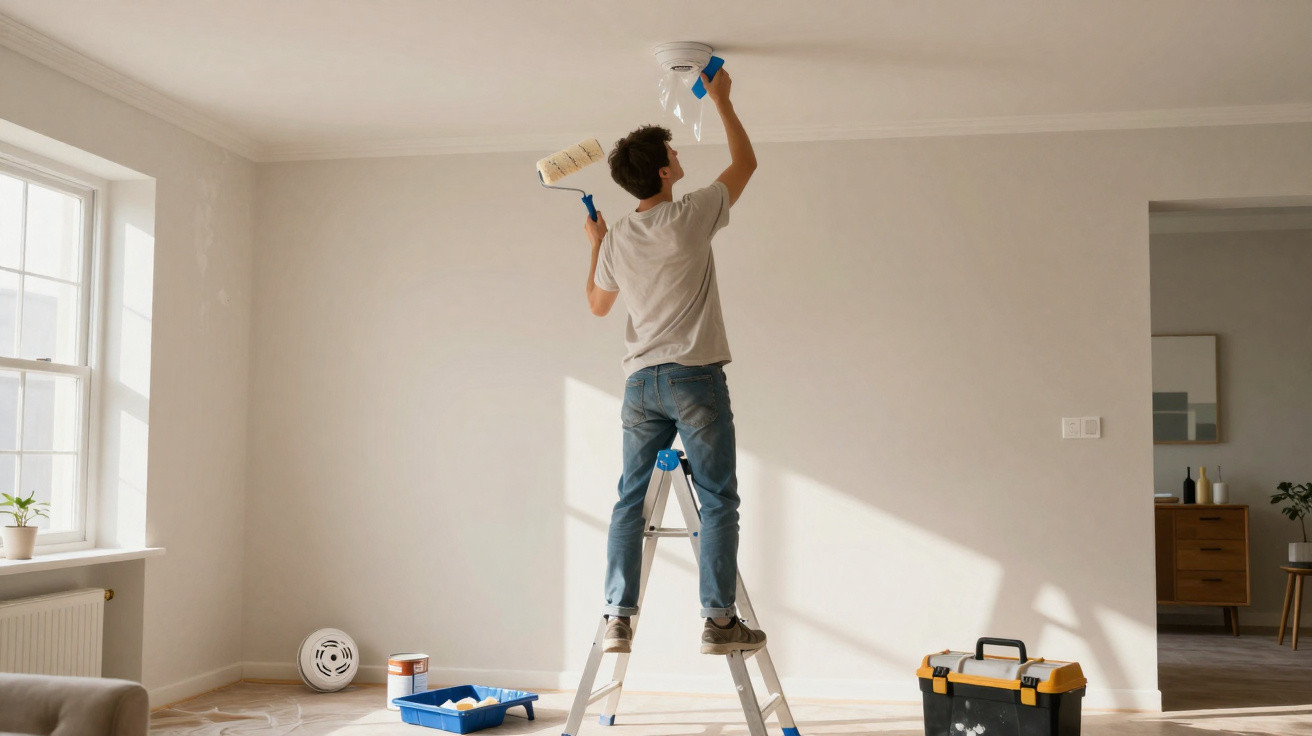 Mann auf Leiter baut Rauchmelder an weißer Wand in hellem, leerem Raum mit Malerutensilien ein.