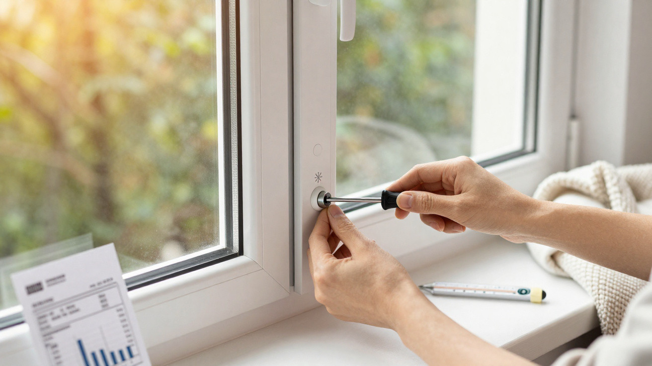 Person stellt Fenster mit Schraubenzieher auf dem Fensterbrett und Thermometer ein.