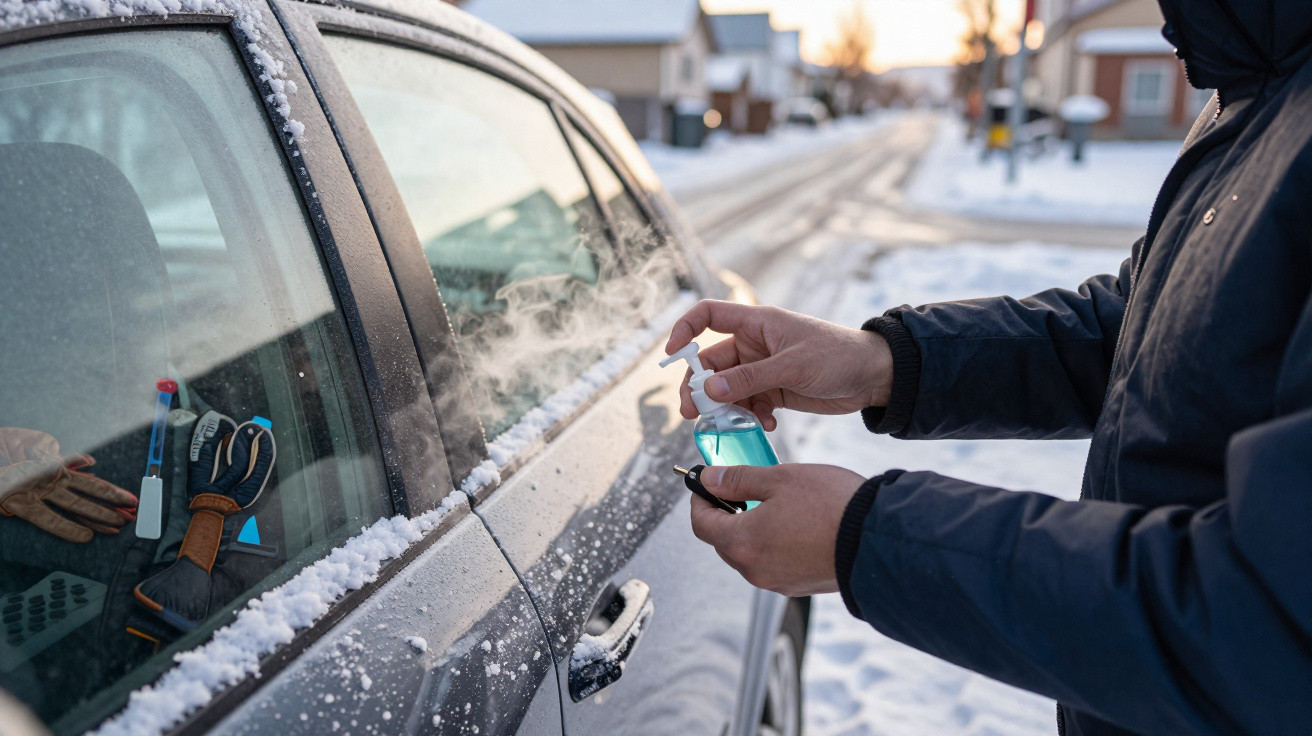 Person desinfiziert Hände neben eisbedecktem Auto in verschneiter Wohnstraße im Winter.
