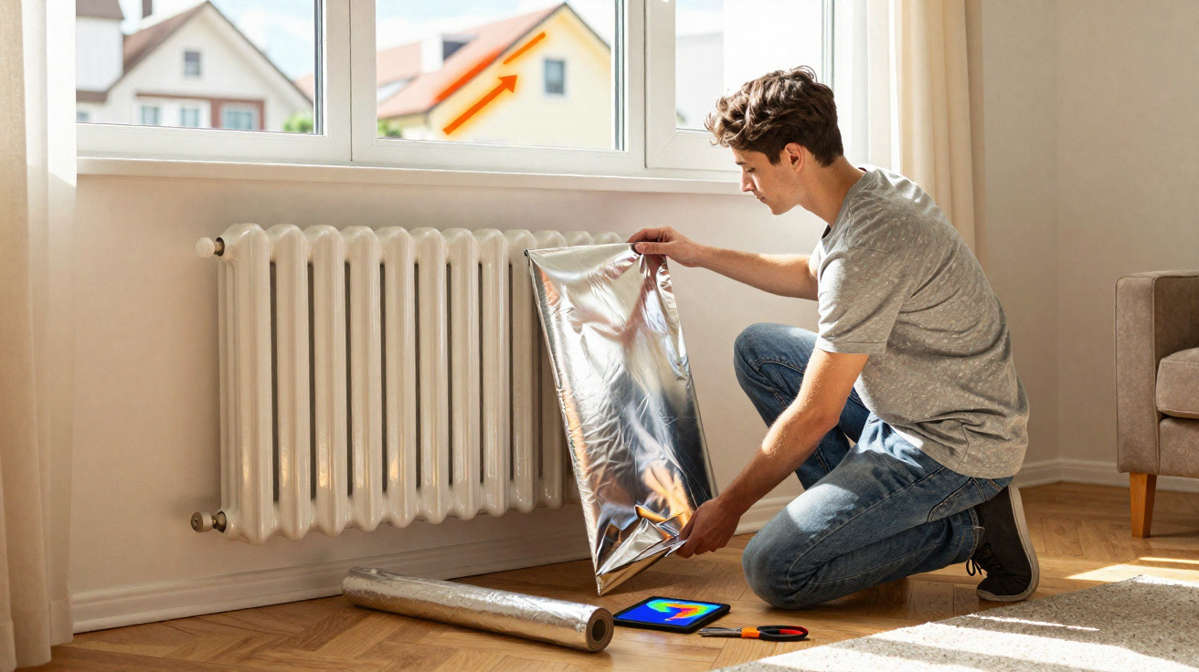 Junger Mann bringt reflektierende Folie hinter Heizkörper an, um Heizkosten im hellen Wohnzimmer zu sparen.