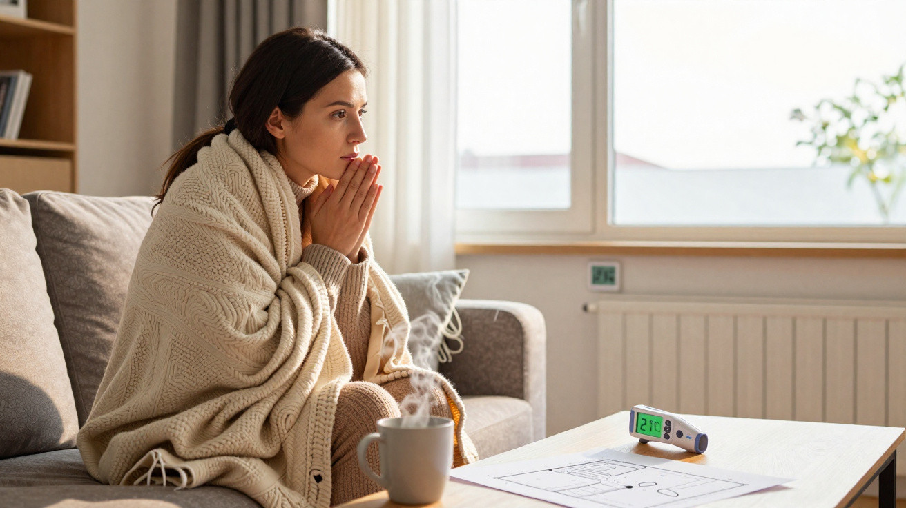 Frau, in Decke gehüllt, sitzt auf Sofa, hält Hände vor Mund, dampfende Tasse und Fieberthermometer auf Tisch sichtbar.