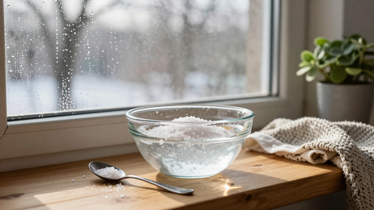 Eine Glasschüssel mit Wasser und Salz auf einer Fensterbank bei Regenwetter, daneben ein Löffel mit Salz.