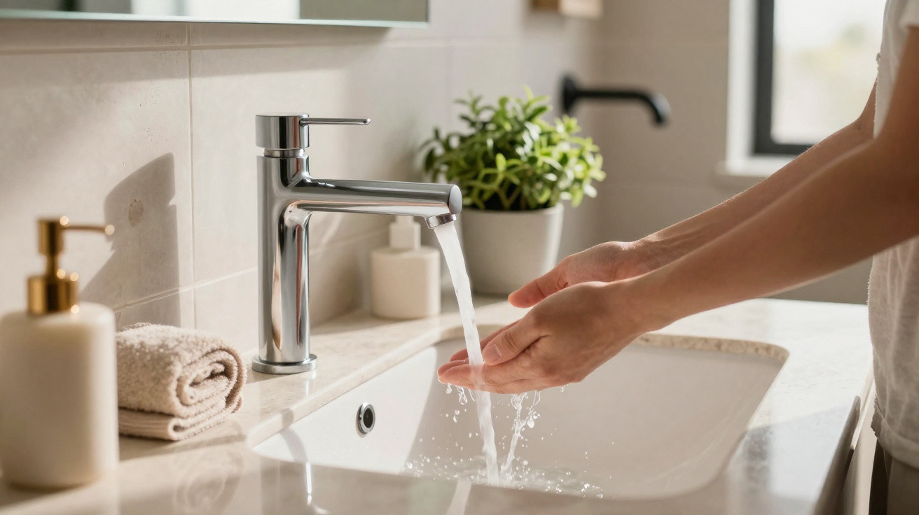 Person wäscht Hände unter fließendem Wasser an einem modernen Waschbecken mit Pflanze im Hintergrund.