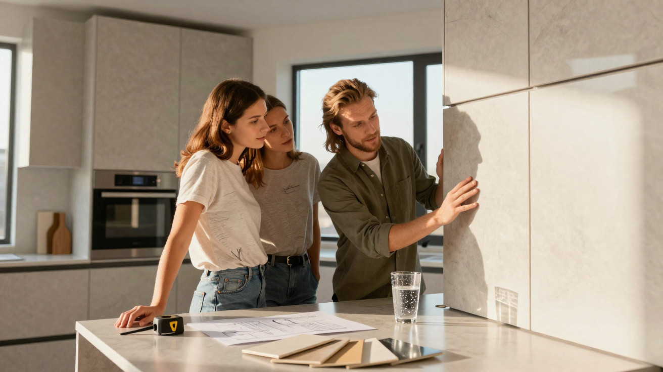 Drei Personen besprechen Küchendesign und prüfen Frontplatten in moderner, heller Küche mit Entwurfsplänen.