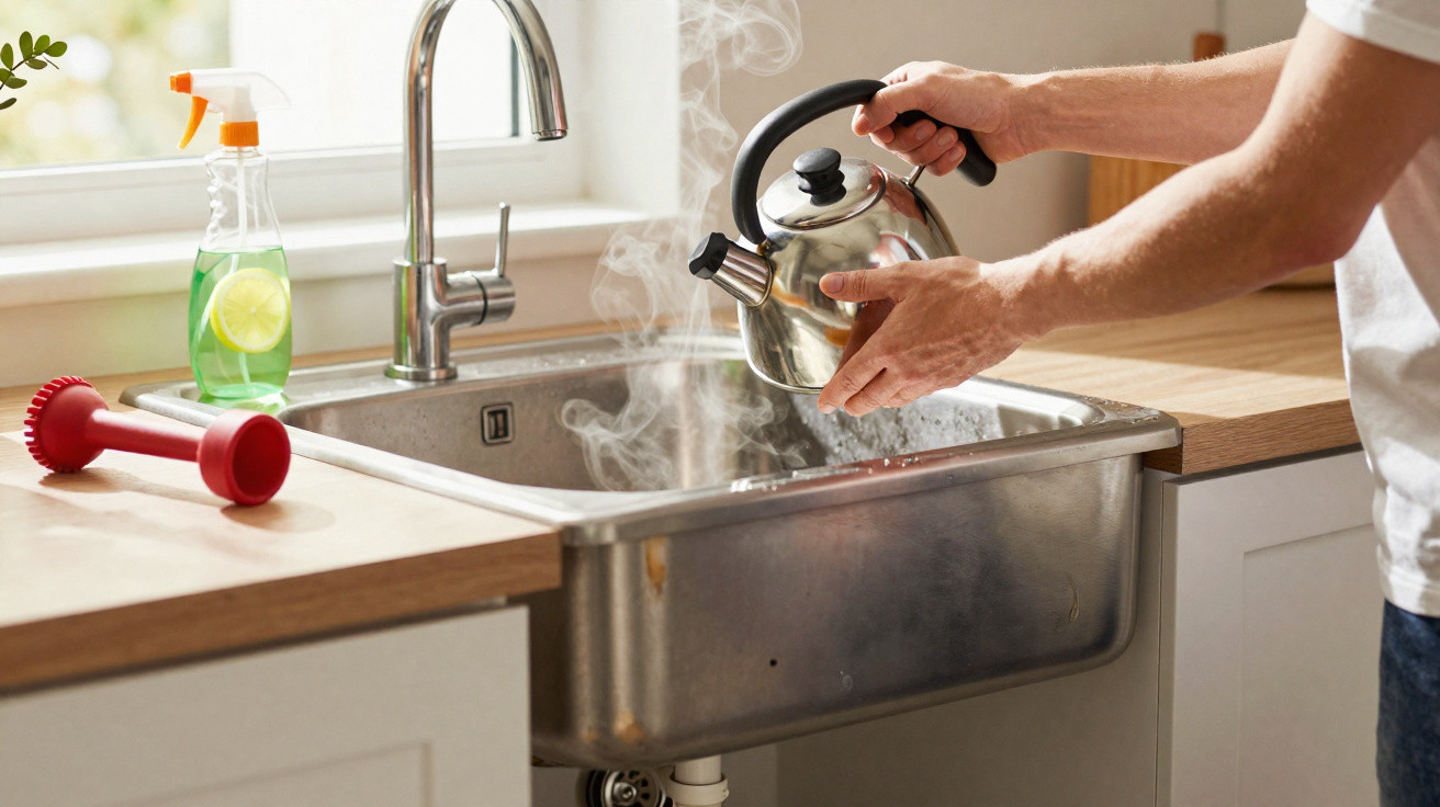 Person schüttet heißes Wasser aus einem Wasserkessel in eine Spüle in der Küche.