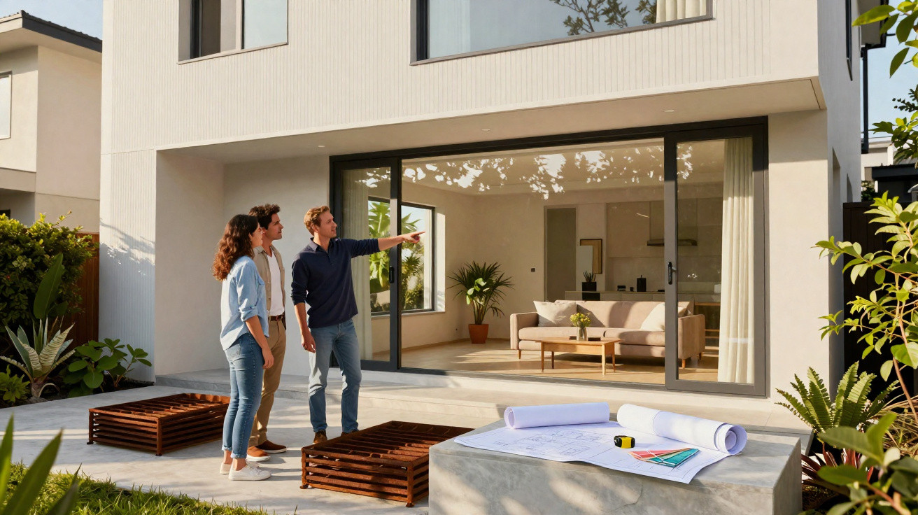 Drei Personen besichtigen ein modernes Haus mit großem Glasfenster und Gartenplänen auf Betonbank.