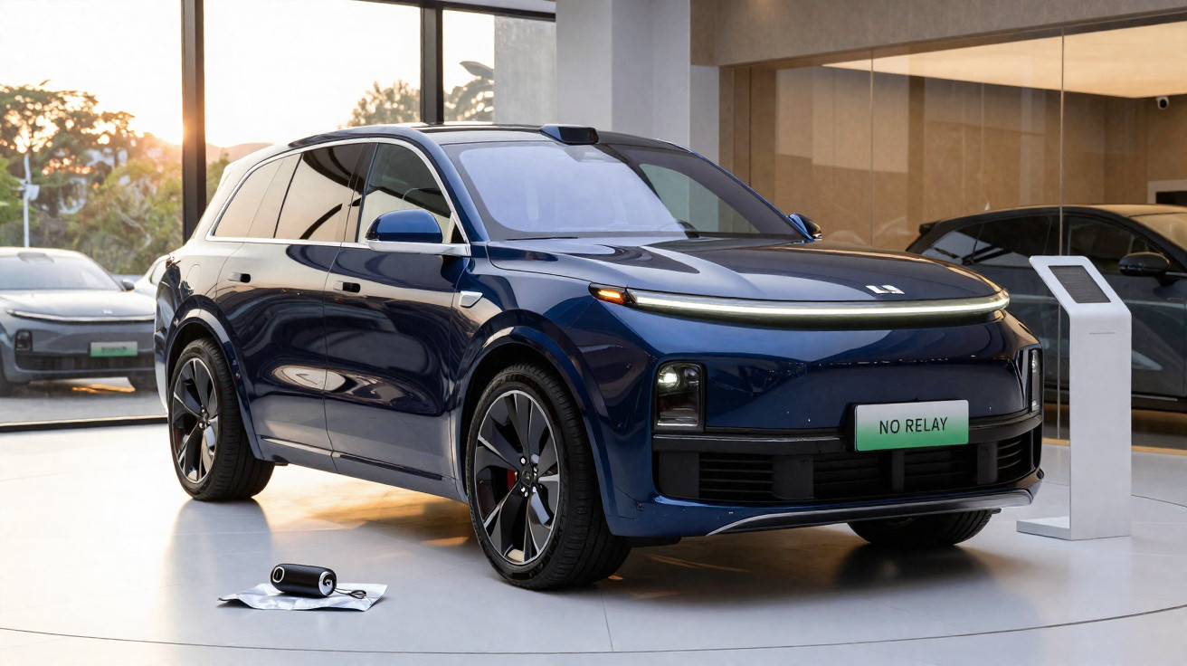 Blauer Elektro-SUV „NO RELAY“ in Ausstellung mit großem Panorama-Fenster im Hintergrund.