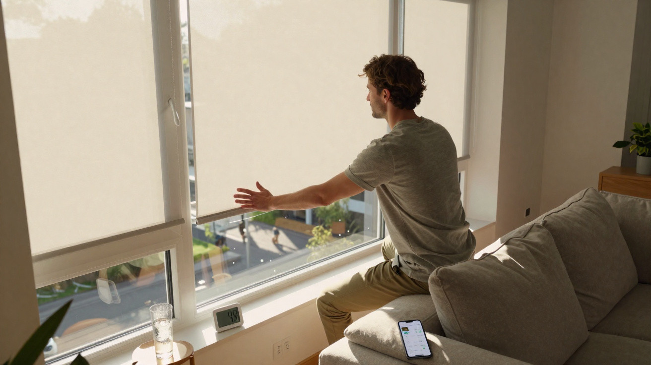 Mann zieht Rollos an einem großen Fenster in einem hellen Wohnzimmer mit grauem Sofa hoch.
