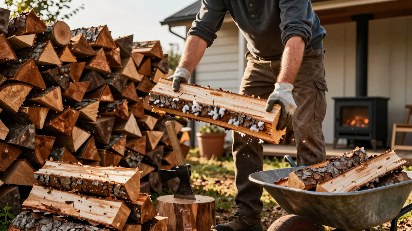 Mann stapelt gespaltene Holzscheite neben Holzstapel und Schubkarre vor Haus mit Kaminofen.