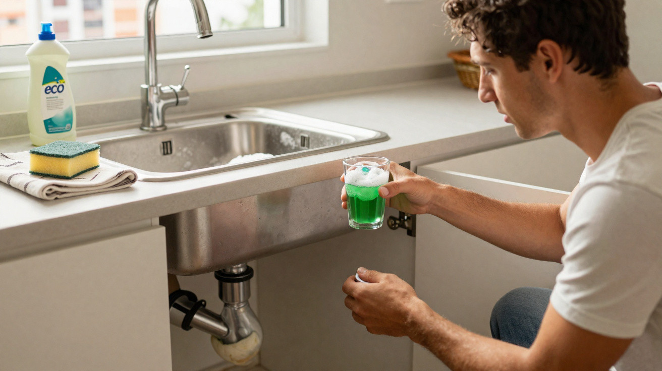 Mann hält grünes Reinigungsmittel in Glas vor offener Spülschranktür unter Küchenspüle mit Spülmittel und Schwamm.