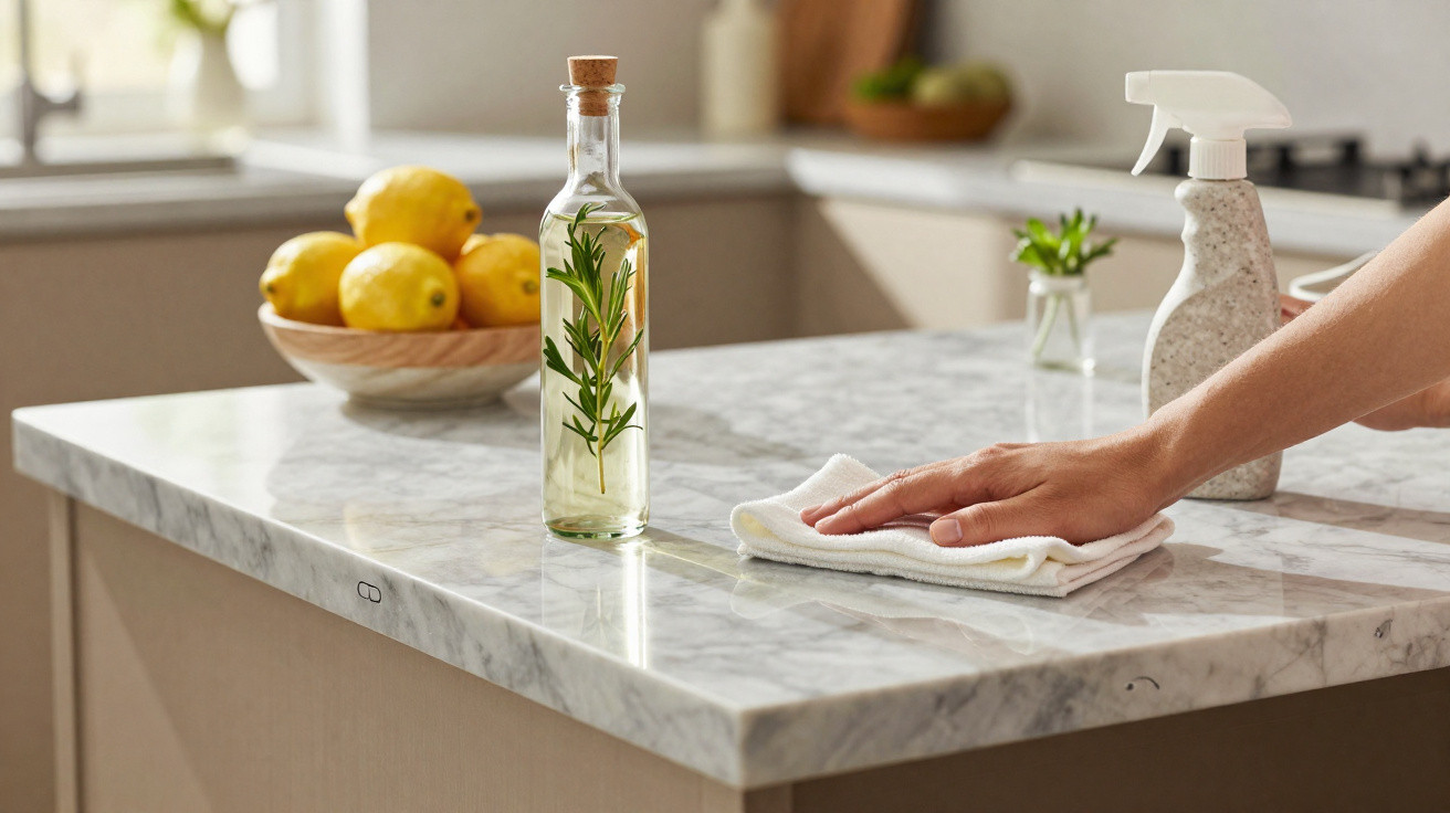 Hand wischt mit Tuch eine Marmor Arbeitsplatte, daneben Zitronen, Ölflasche und Sprühflasche in moderner Küche.