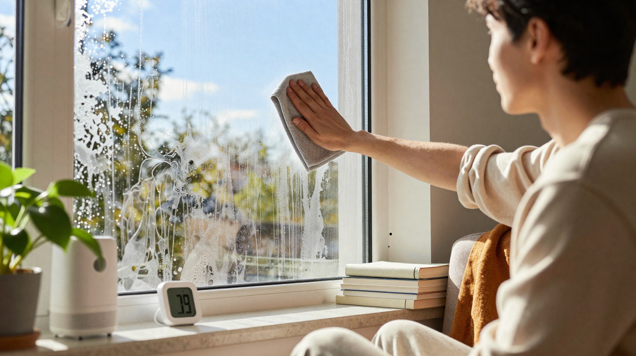 Person wischt mit Tuch Fenster, auf Fensterbank stehen Pflanzen, Bücher und ein Thermometer mit 79 Grad.