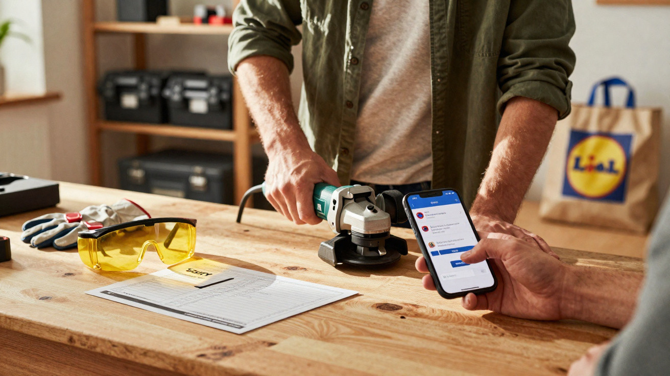Person mit Winkelschleifer und eine andere Person mit Smartphone an einem Holztisch mit Schutzbrille und Handschuhen darauf.