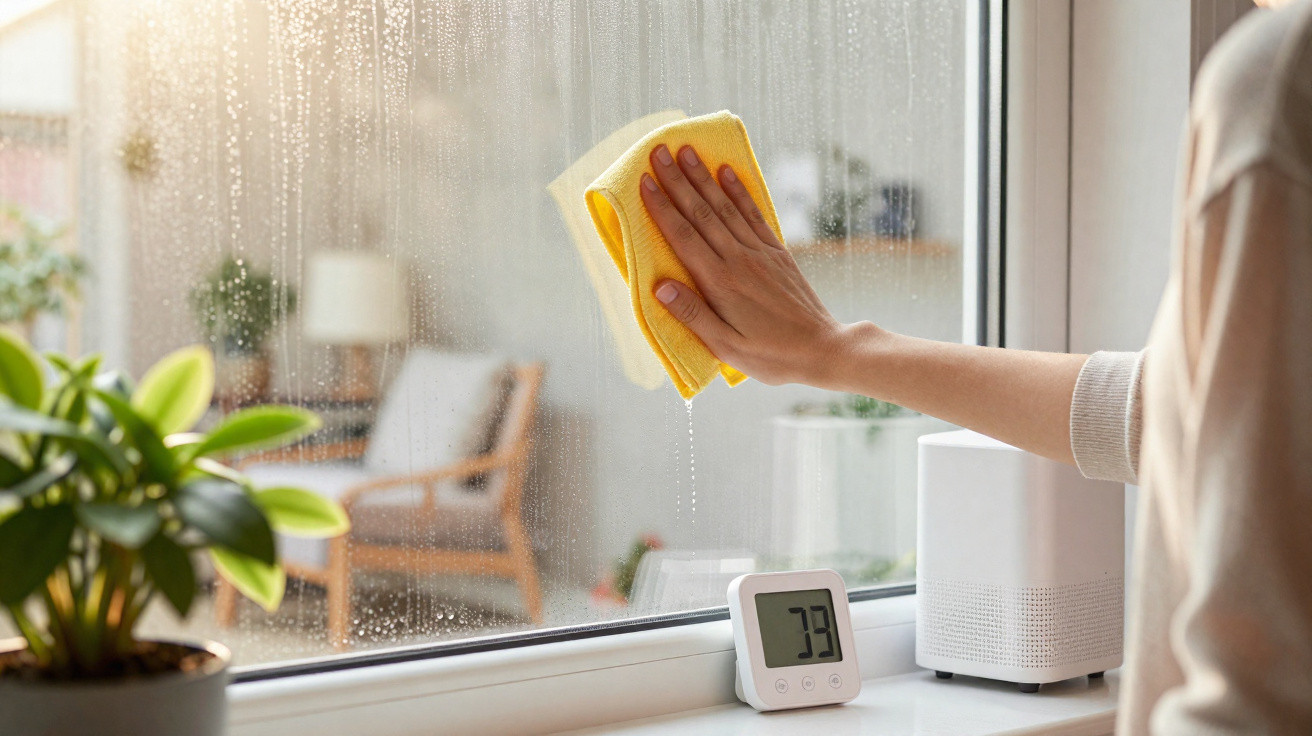 Hand wischt mit gelbem Tuch feuchtes Fenster bei Tageslicht, Zimmer mit Pflanze und Thermometer im Vordergrund.