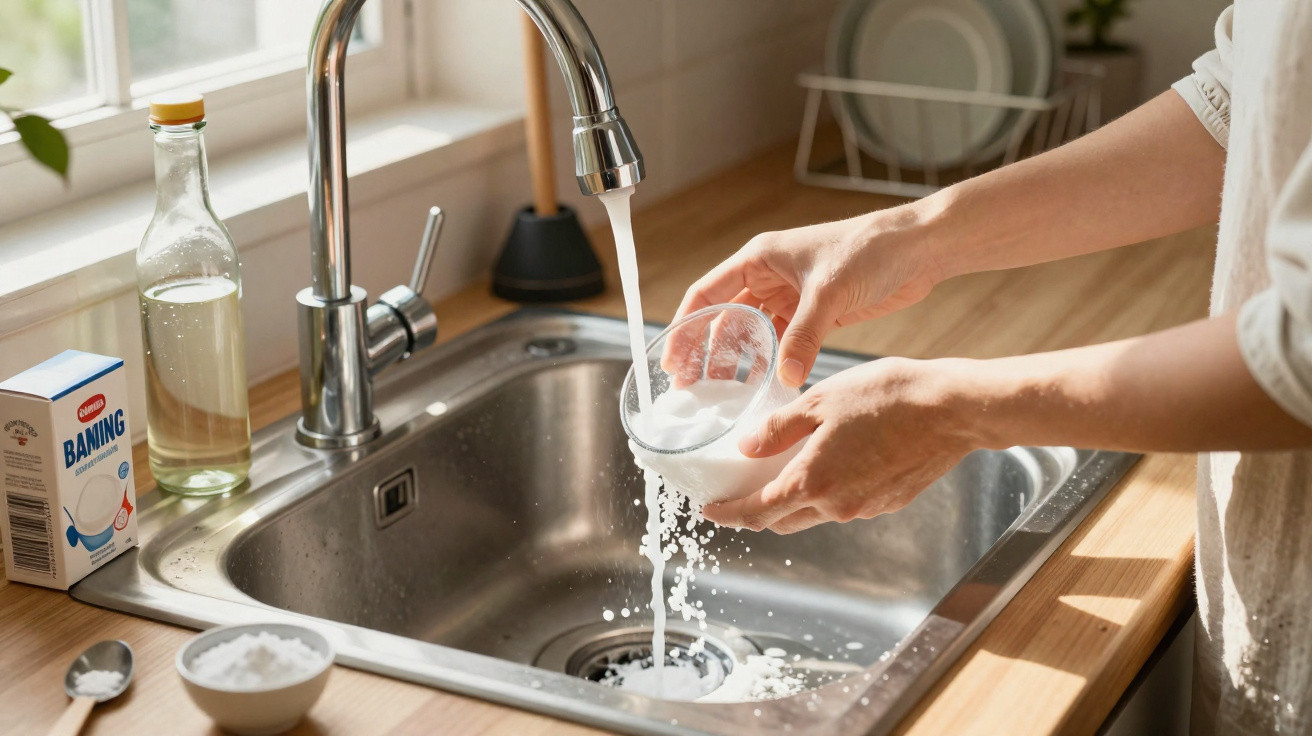 Person wäscht Reis unter fließendem Wasser in einer Küchenspüle aus Edelstahl.