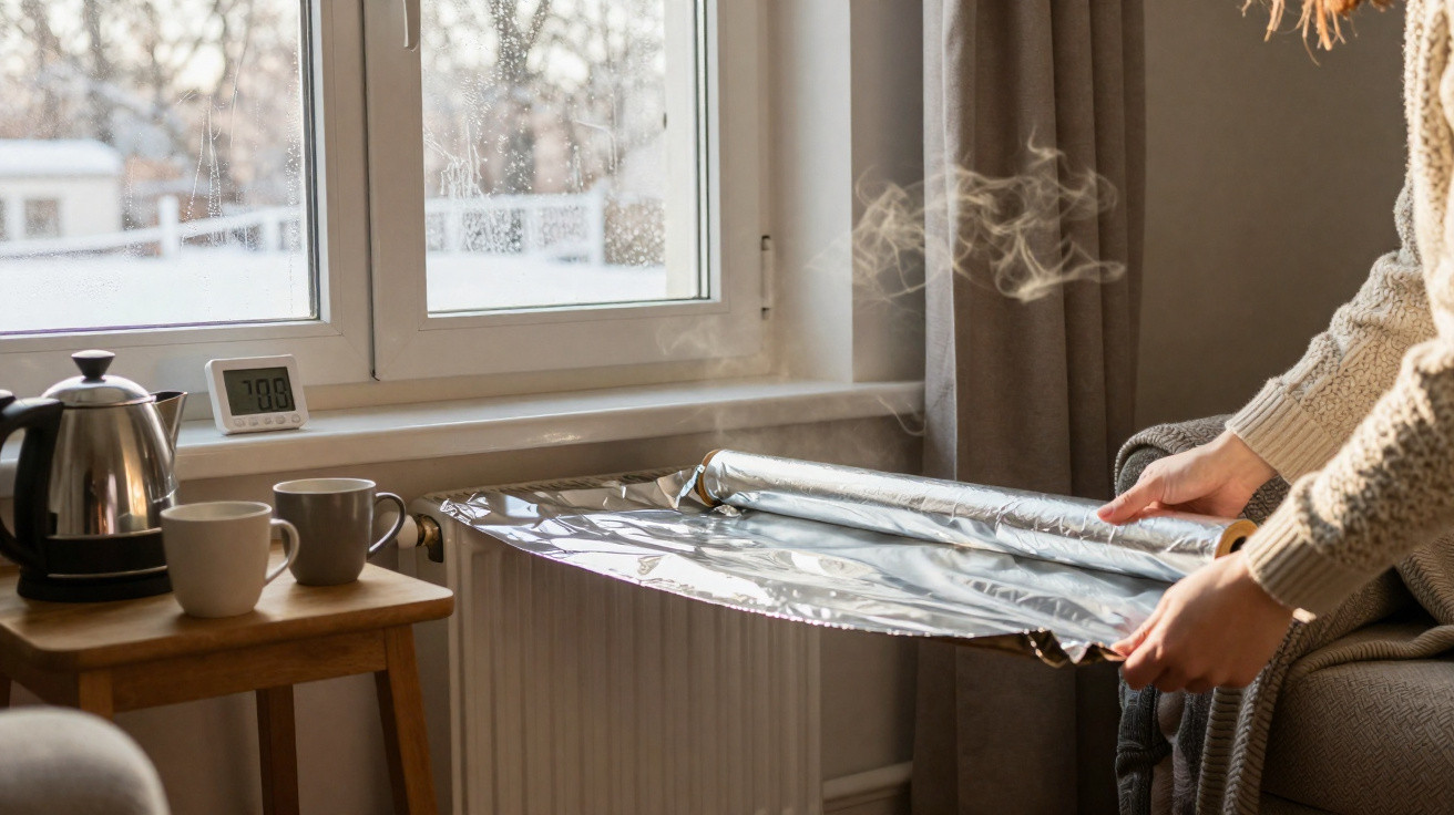 Person legt reflektierende Folie auf Heizung, zwei Tassen und Thermometer mit 7,08 Grad auf Fensterbank im Winterzimmer.