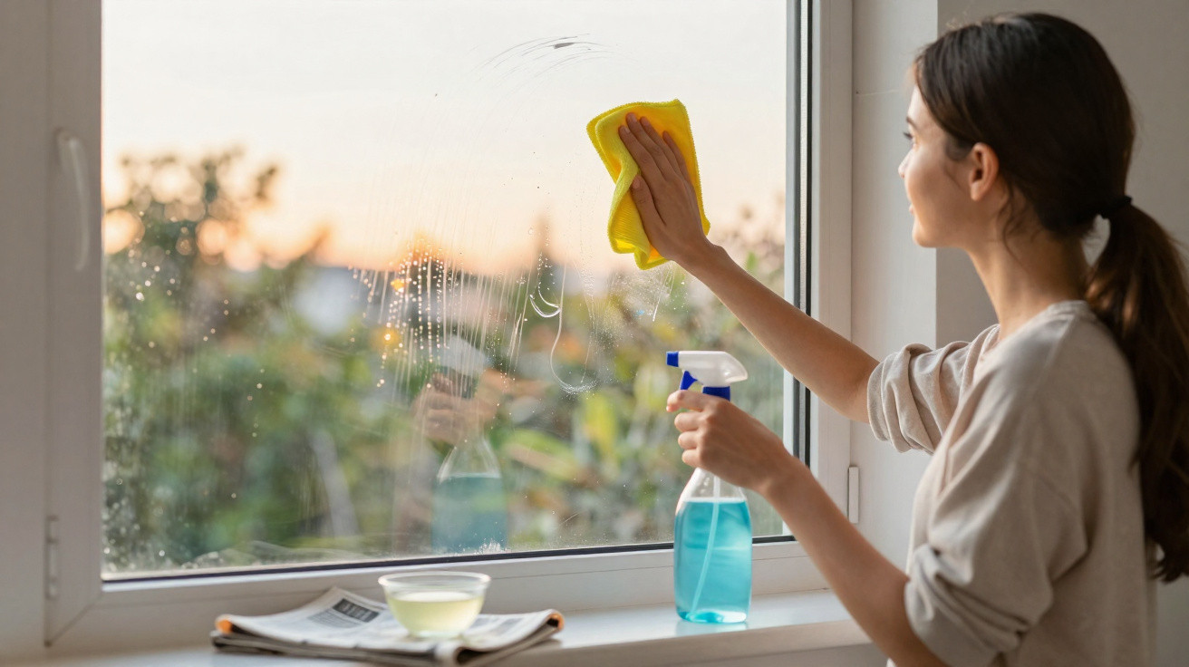 Frau wischt mit gelbem Tuch ein Fenster und hält Sprühflasche mit blauer Flüssigkeit in der Hand.