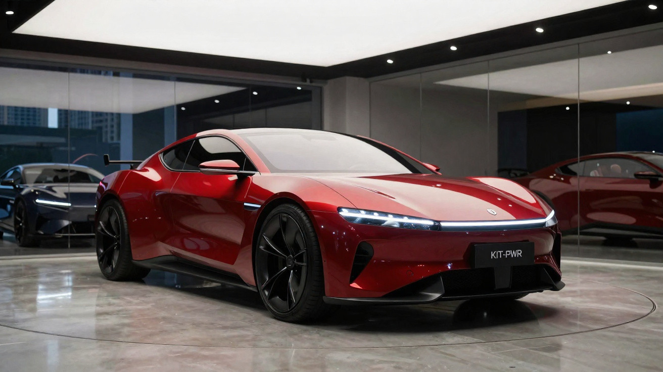 Roter Sportwagen mit schwarzem Heckspoiler in modernem, hellem Showroom vor Spiegelwand und weiterem Auto.