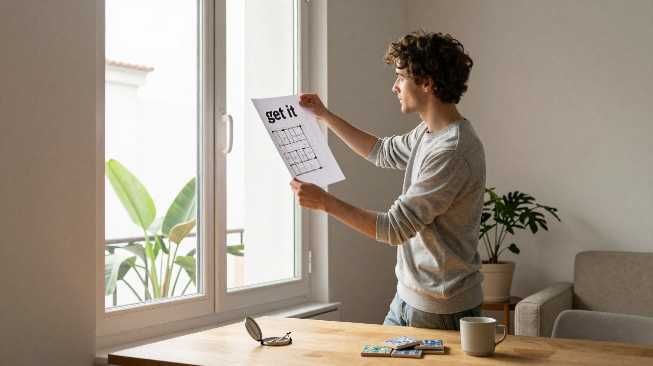 Junger Mann hält ein Blatt mit dem Text „get it“ vor ein Fenster in hellem Raum.