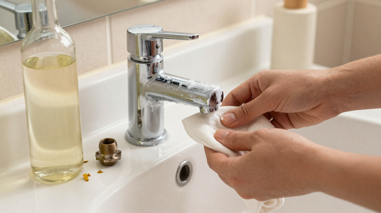 Hände wischen den Wasserhahn im Waschbecken mit einem Tuch trocken, Flasche und Dichtung liegen daneben.