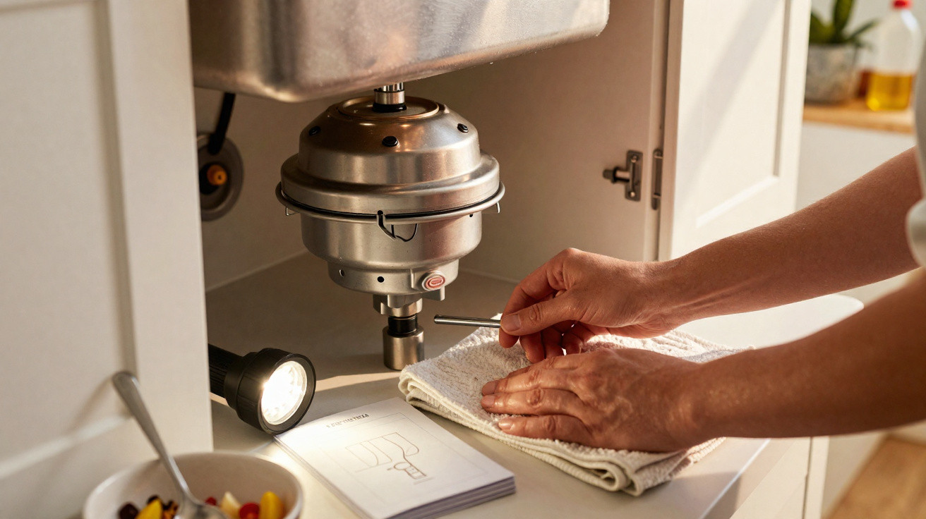 Hand zweifelt ein Werkzeug unter der Küchenspüle mit Abfallzerkleinerer und Anleitung ab, Lampe beleuchtet.
