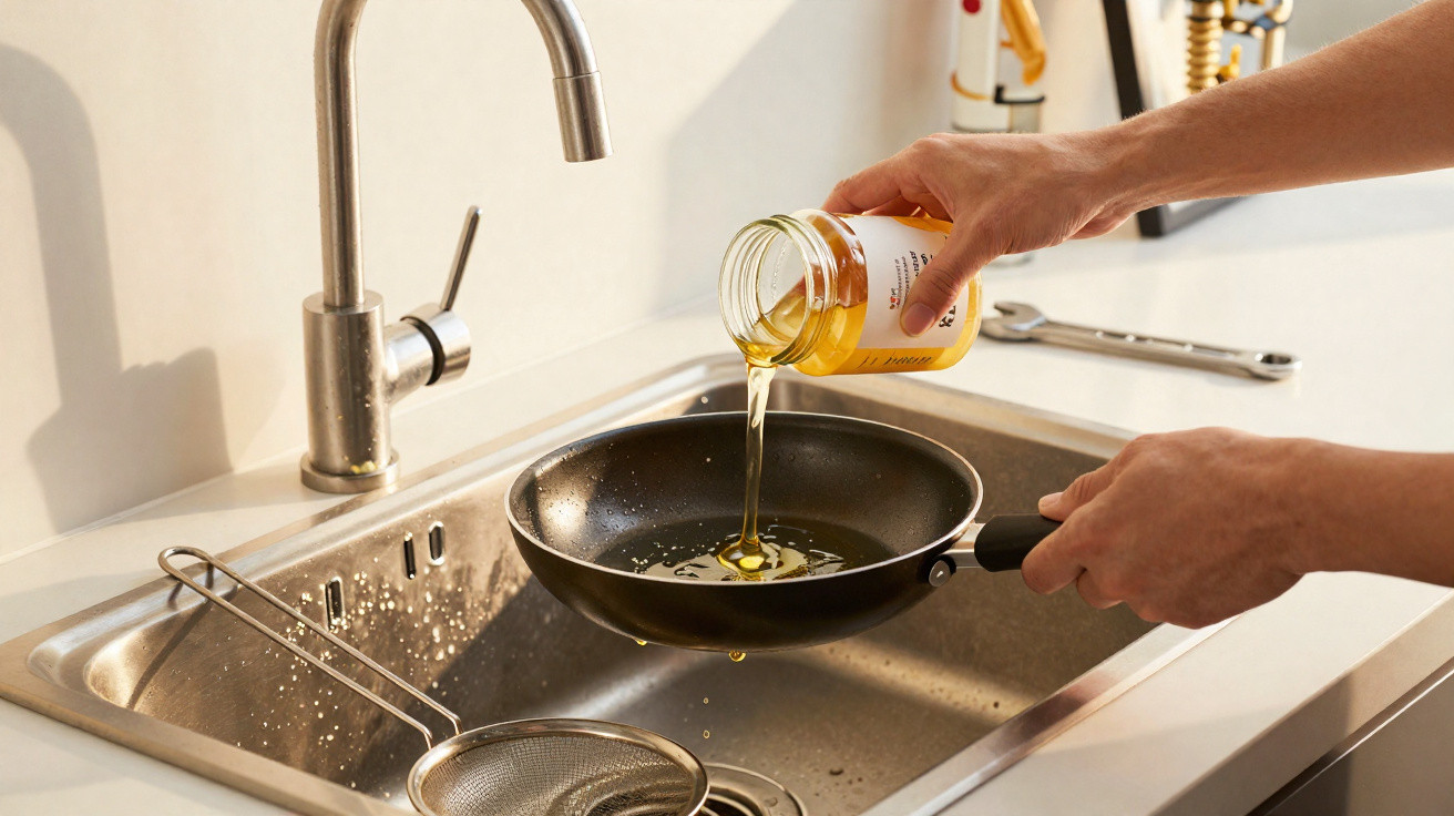 Person gießt Öl aus Glasflasche in Pfanne über Spüle mit Wasserhahn und Sieb in moderner Küche.