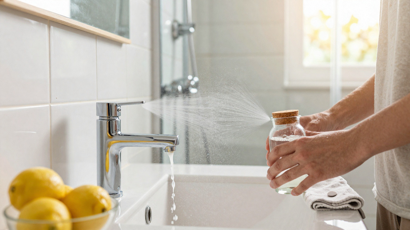 Person sprüht Flüssigkeit aus Glasflasche auf Waschbeckenarmatur im hellen Badezimmer mit Zitronen.
