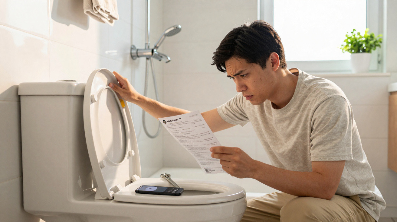 Mann liest Handbuch und benutzt Smartphone auf der Toilette im Badezimmer mit Dusche und Fenster.
