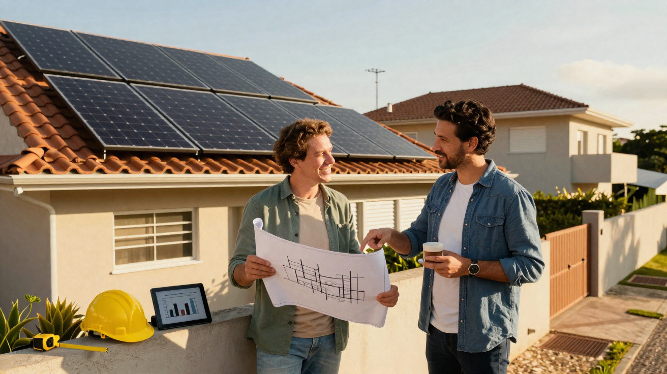 Zwei Männer besprechen Baupläne vor einem Haus mit Solarpanelen auf dem Dach bei Sonnenschein.