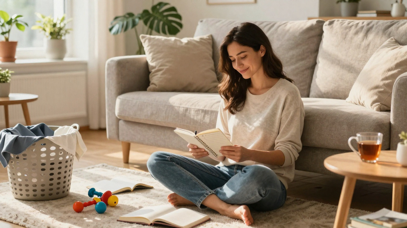 Frau sitzt entspannt auf dem Teppich im Wohnzimmer, liest ein Buch, umgeben von Spielzeug und Pflanzen.