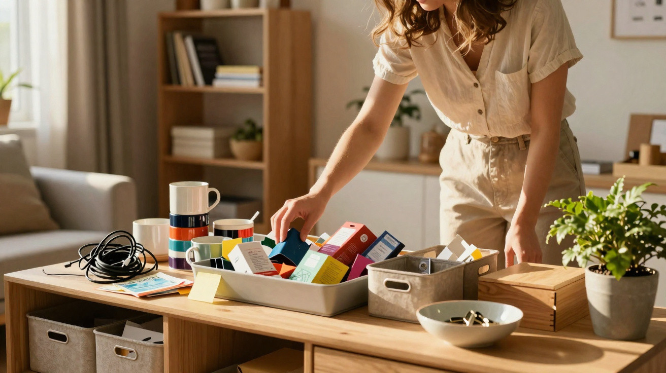 Frau sortiert bunte Kartons und Becher auf einem Holztisch in einem hellen Wohnzimmer.
