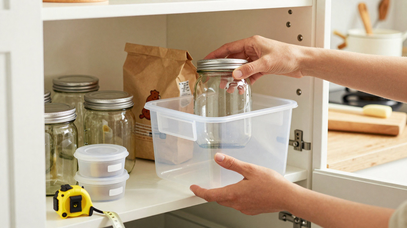 Person sortiert Einmachgläser in eine transparente Plastikbox im Küchenschrank.