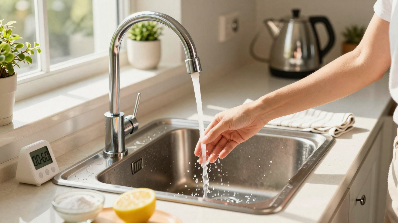 Hand wäscht sich unter fließendem Wasser in moderner Küche mit Edelstahlspüle und Küchenutensilien.