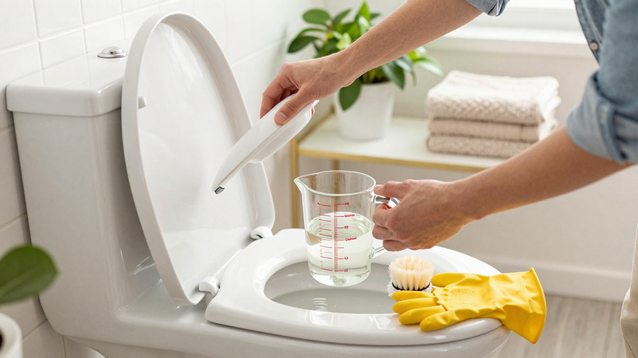 Person füllt mit Messbecher Wasser in die Toilettenschüssel zum Reinigen im hellen Badezimmer.